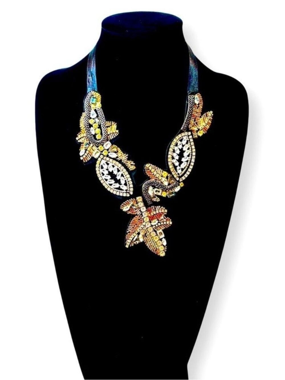 Mixed Metal Hand Beaded Bib Necklace Floral Fantasy Ribbon Tie Closure NIB